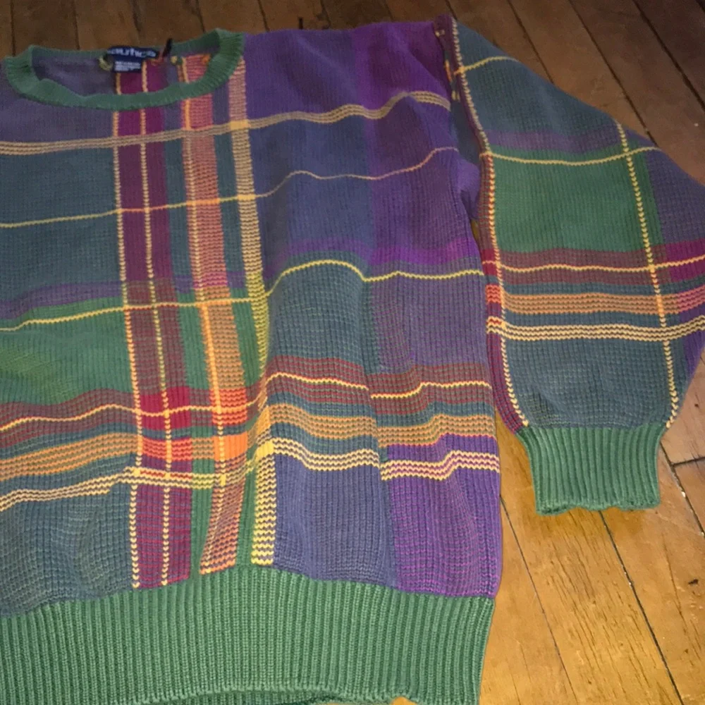 Nautica Multicolor Plaid Crewneck Sweater - Green, Purple & Red Accents